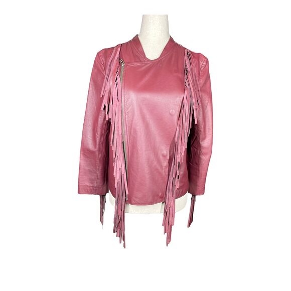 Cleobella Everly Fringe Moto 100% Genuine Sheep Leather Jacket Burgundy Red L - Picture 4 of 13